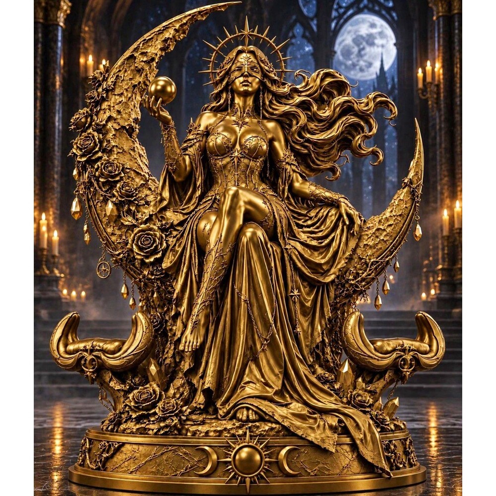 Gold Goddess Figurine on Crescent Moon Fantasy Freestanding Decor 10 in